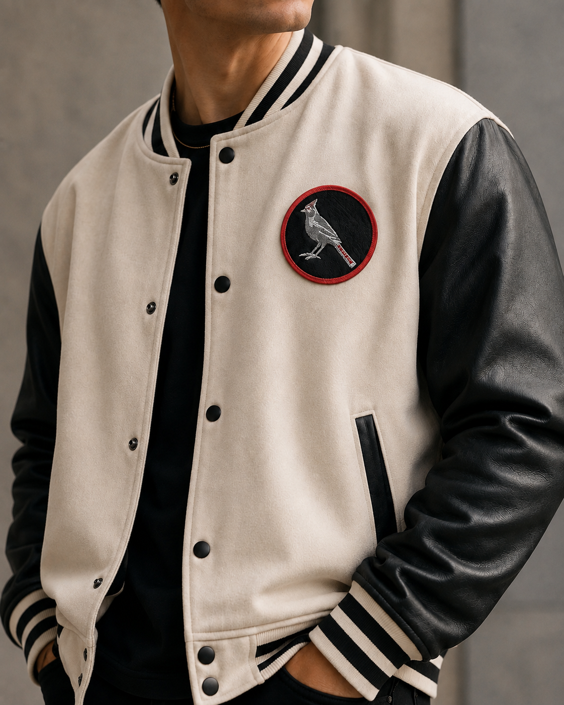 A close-up of a person wearing a varsity-style jacket with an off-white body, black leather sleeves, and a circular bird patch on the left chest.