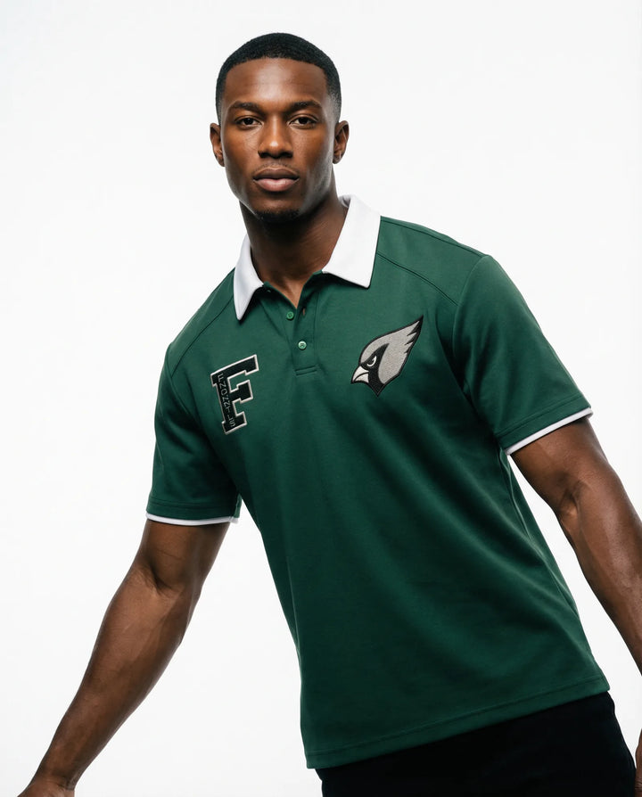 Unisex polo shirt with contrast collar and embroidered logos lifestyle