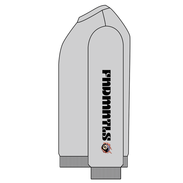 Side view illustration of grey Snow Washed Oversized Sweatshirt showing 'FNDMNTLS' sleeve print and flaming 8-ball graphic detail.