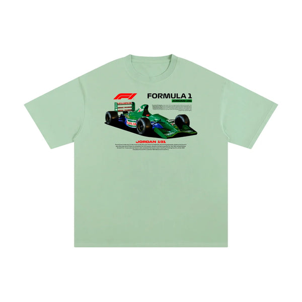 Mint green Formula 1 Pure Cotton T-Shirt with Jordan 191 car design. Unisex, short sleeve tee for casual motorsport style.
