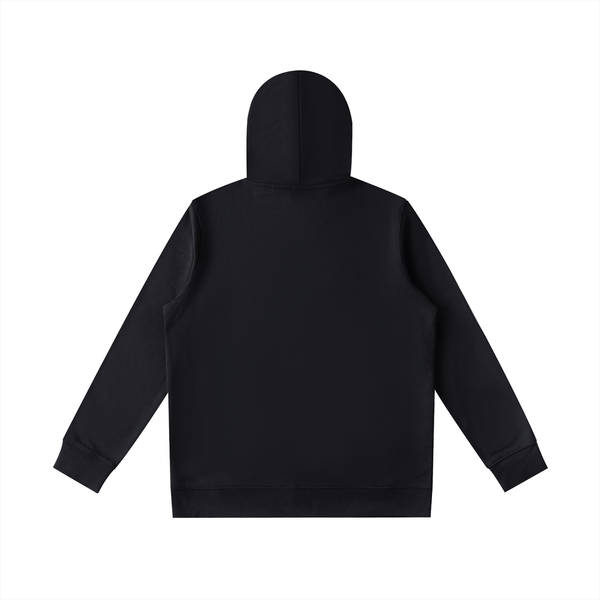 Back view of Premio Essential Oversized Hoodie in black, showcasing relaxed fit and heavyweight cotton blend material for casual streetwear style.