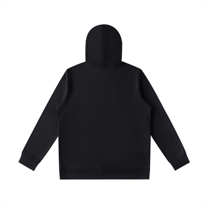 Back view of Premio Essential Oversized Hoodie in black, showcasing relaxed fit and heavyweight cotton blend material for casual streetwear style.