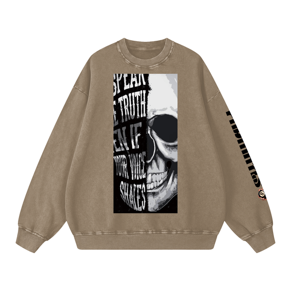 Brown Snow Washed Oversized Sweatshirt with skull and text graphic, unisex long sleeve top with bold sleeve branding for streetwear looks.