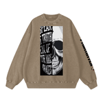 Brown Snow Washed Oversized Sweatshirt with skull and text graphic, unisex long sleeve top with bold sleeve branding for streetwear looks.
