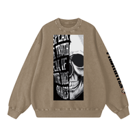 Brown Snow Washed Oversized Sweatshirt with skull and text graphic, unisex long sleeve top with bold sleeve branding for streetwear looks.