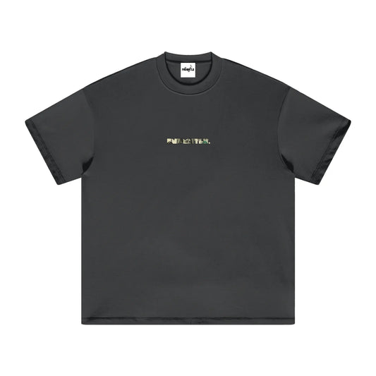 Black heavyweight earth tone T-shirt with front logo