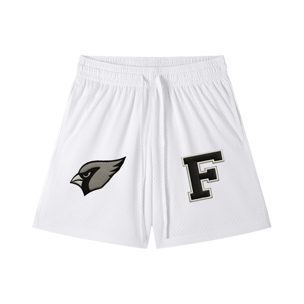 White Chrome Cardinals Mesh Drawstring Shorts featuring cardinal logo and varsity F patch, ideal for unisex casual and sporty outfits.
