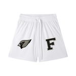 White Chrome Cardinals Mesh Drawstring Shorts featuring cardinal logo and varsity F patch, ideal for unisex casual and sporty outfits.