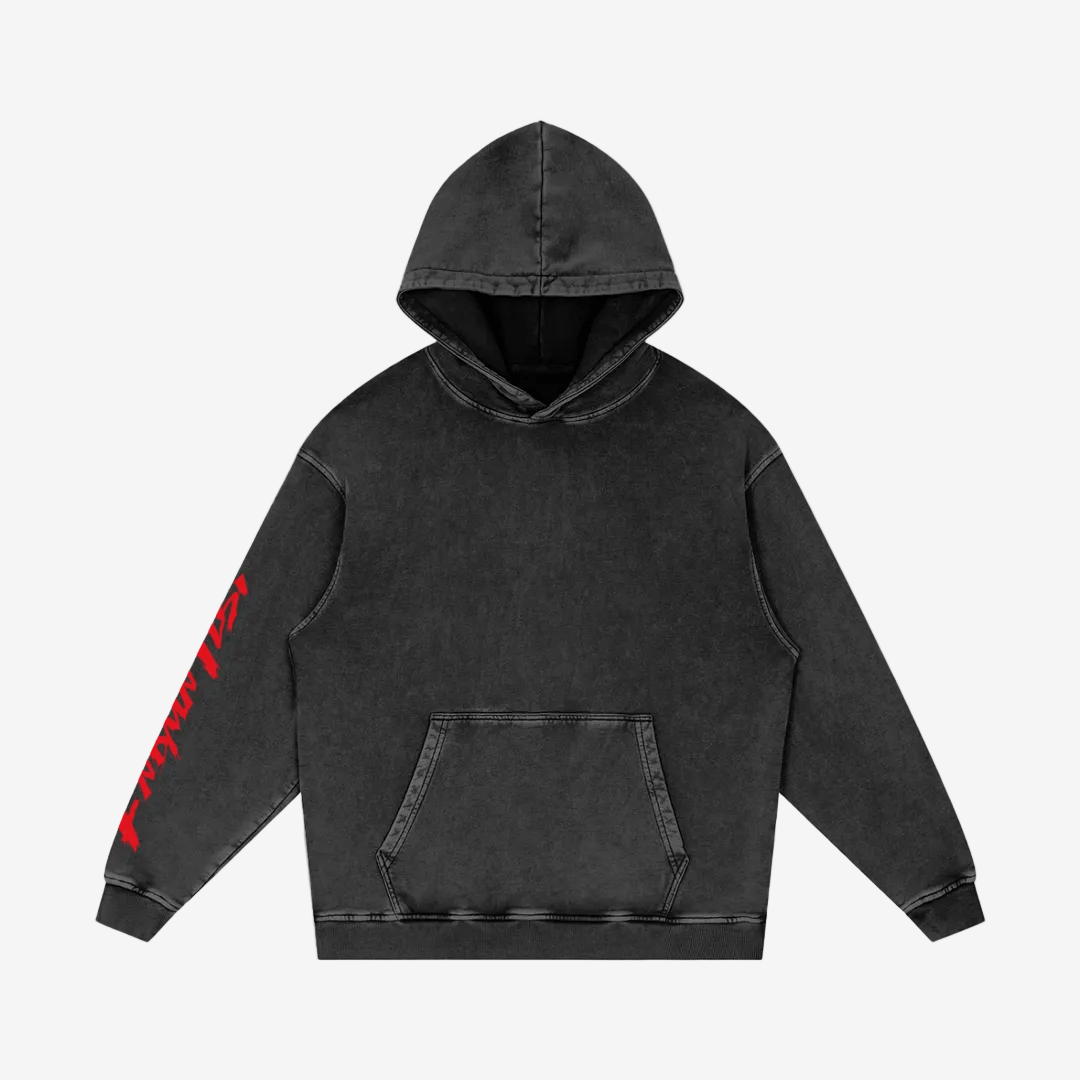 Front view of black snow washed cotton hoodie with red sleeve print and kangaroo pocket, designed for unisex casual wear.