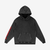 Front view of black snow washed cotton hoodie with red sleeve print and kangaroo pocket, designed for unisex casual wear.