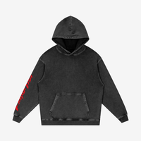Front view of black snow washed cotton hoodie with red sleeve print and kangaroo pocket, designed for unisex casual wear.