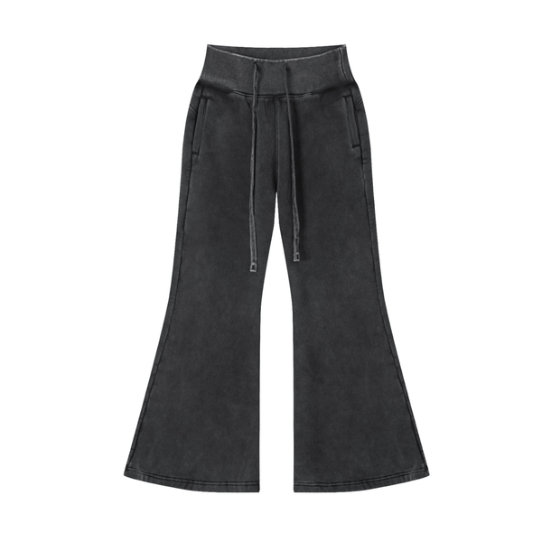 Vintage Washed Flared Fleece Pants in black with drawstring waist and front pockets. Casual cotton blend ideal for everyday wear.