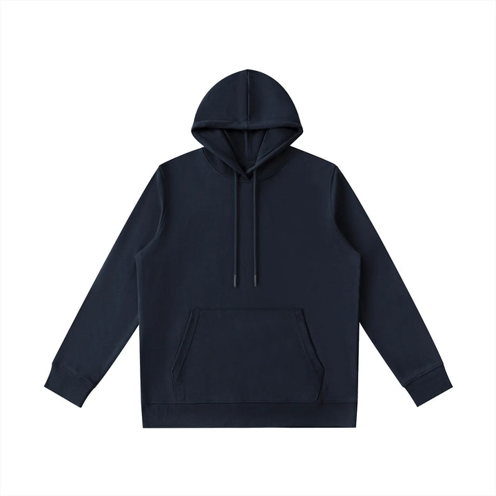 Navy blue oversized hoodie with front pocket and drawstrings