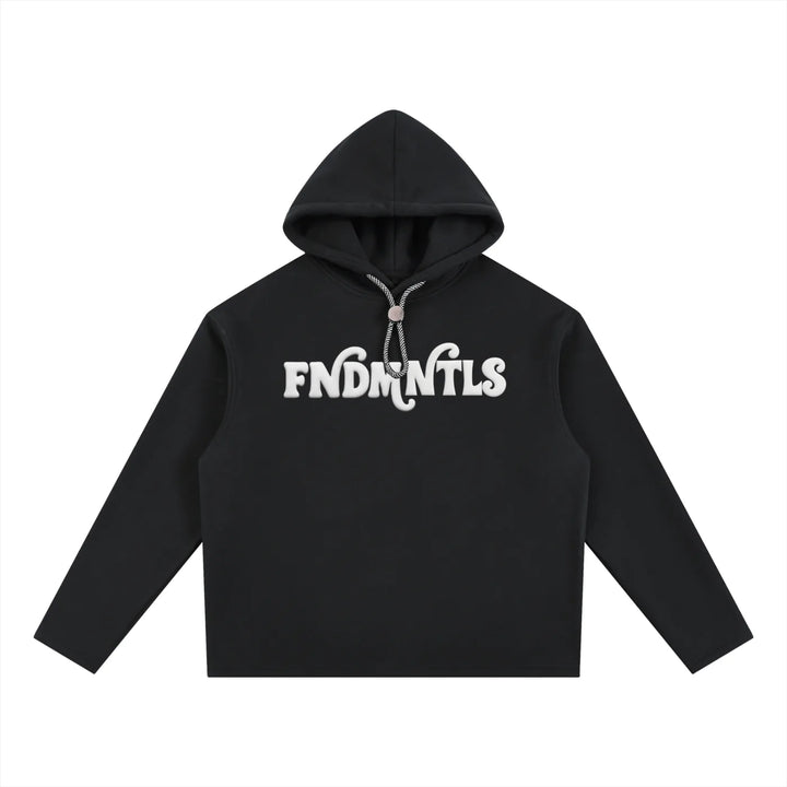Black oversized fleece hoodie with logo, casual unisex clothing