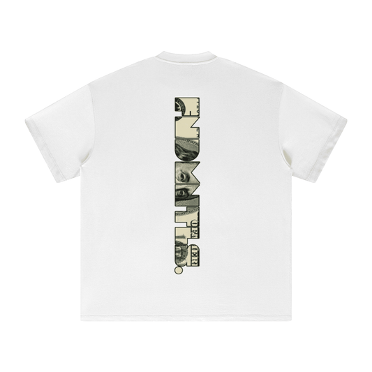 Line drawing of T-shirt with side view and logo placement