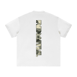 Line drawing of T-shirt with side view and logo placement