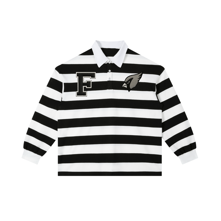 Black and white Color Block Stripe Polo Shirt with embroidered F and bird logo, long sleeve cotton blend ideal for daily and sporty outfits.