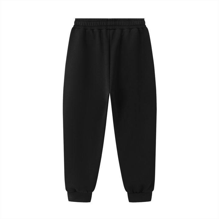 Back view of black Essential Drawstring Jogged Sweatpants | Unisex, Regular, Cotton Blend featuring a clean design and ribbed ankle cuffs.