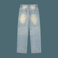 Back view of distressed raw hem denim jeans