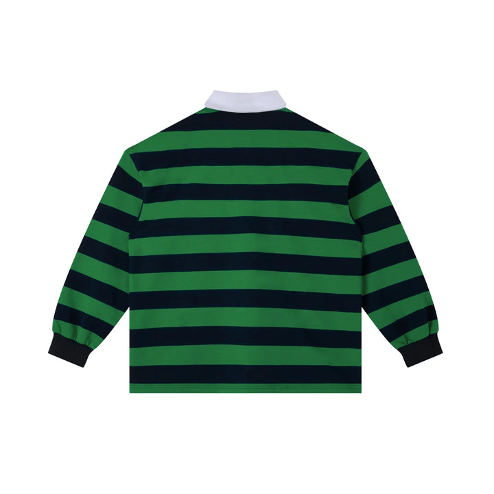 Back view of green and navy Color Block Stripe Polo Shirt with horizontal stripes and ribbed cuffs, made from soft cotton blend fabric.