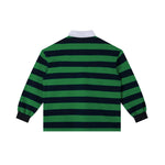 Back view of green and navy Color Block Stripe Polo Shirt with horizontal stripes and ribbed cuffs, made from soft cotton blend fabric.