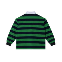 Back view of green and navy Color Block Stripe Polo Shirt with horizontal stripes and ribbed cuffs, made from soft cotton blend fabric.