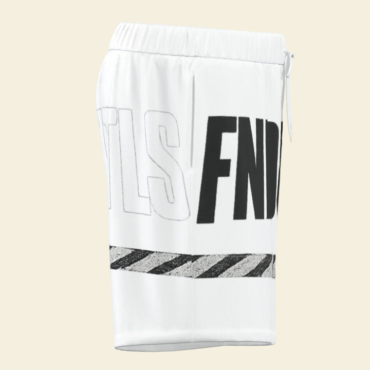 White athletic shorts with a black and gray graphic design featuring the letters 'TLS' and 'FND' and a diagonal striped pattern near the bottom.