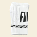 White athletic shorts with a black and gray graphic design featuring the letters 'TLS' and 'FND' and a diagonal striped pattern near the bottom.