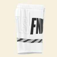 White athletic shorts with a black and gray graphic design featuring the letters 'TLS' and 'FND' and a diagonal striped pattern near the bottom.