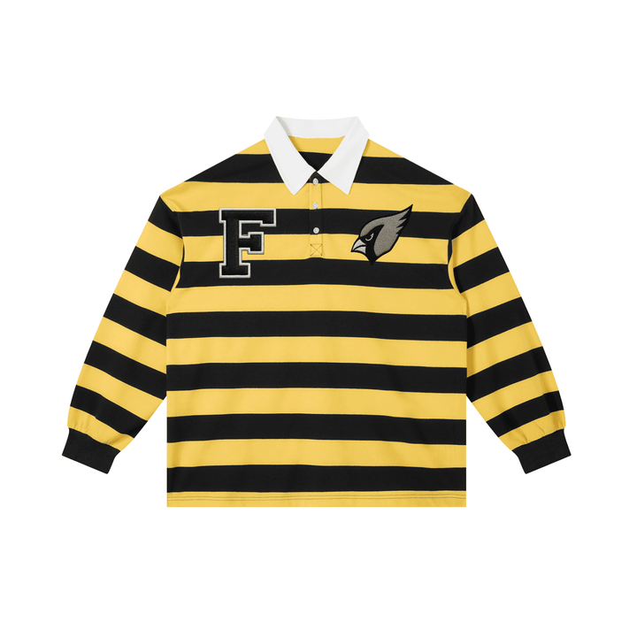 Color Block Stripe Polo Shirt in yellow and black with white collar, featuring bold F and bird logo, unisex cotton blend for casual wear.