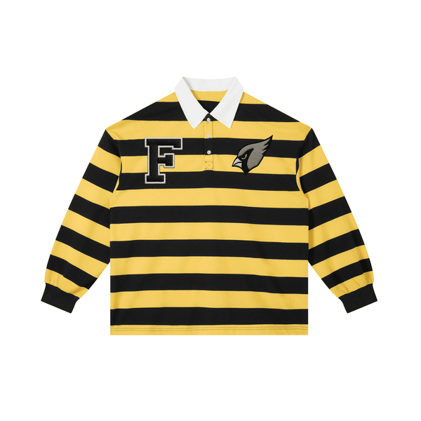 Color Block Stripe Polo Shirt in yellow and black with white collar, featuring bold F and bird logo, unisex cotton blend for casual wear.
