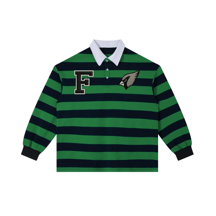 Green and navy Color Block Stripe Polo Shirt with white collar, F and bird logo embroidery, long sleeve cotton blend for casual styling.