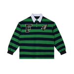 Green and navy Color Block Stripe Polo Shirt with white collar, F and bird logo embroidery, long sleeve cotton blend for casual styling.