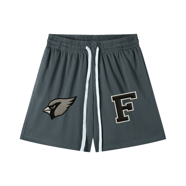 Charcoal gray Chrome Cardinals Mesh Drawstring Shorts with bold front graphics, unisex design ideal for casual and athletic wear.