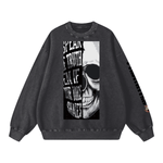 Black Snow Washed Oversized Sweatshirt featuring skull artwork and bold typography, unisex long sleeve design with sleeve branding.