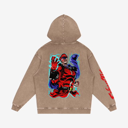 Back of tan cotton oversized hoodie with colorful M. Bison artwork and snow washed texture, designed for unisex streetwear appeal.