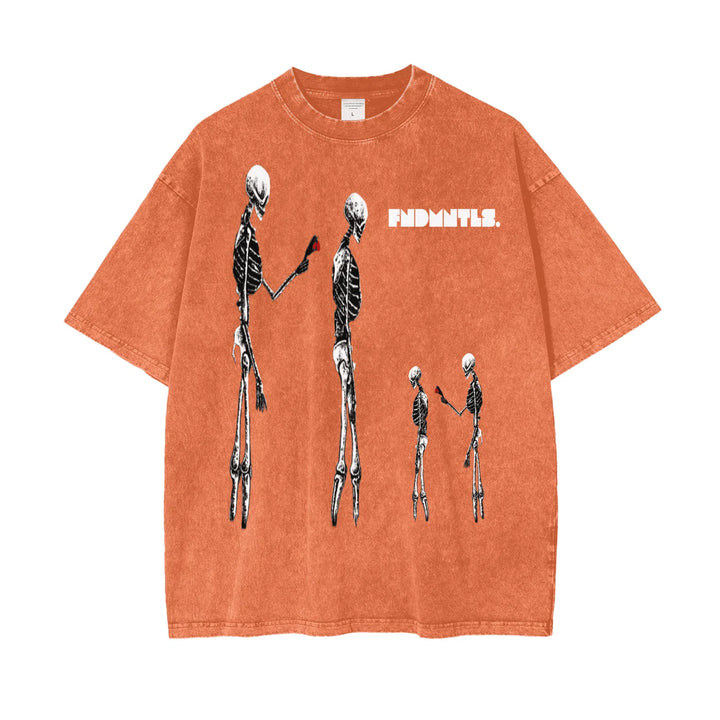 Oversize graphic T-shirt with skeleton aliens and red accents in orange