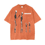 Oversize graphic T-shirt with skeleton aliens and red accents in orange