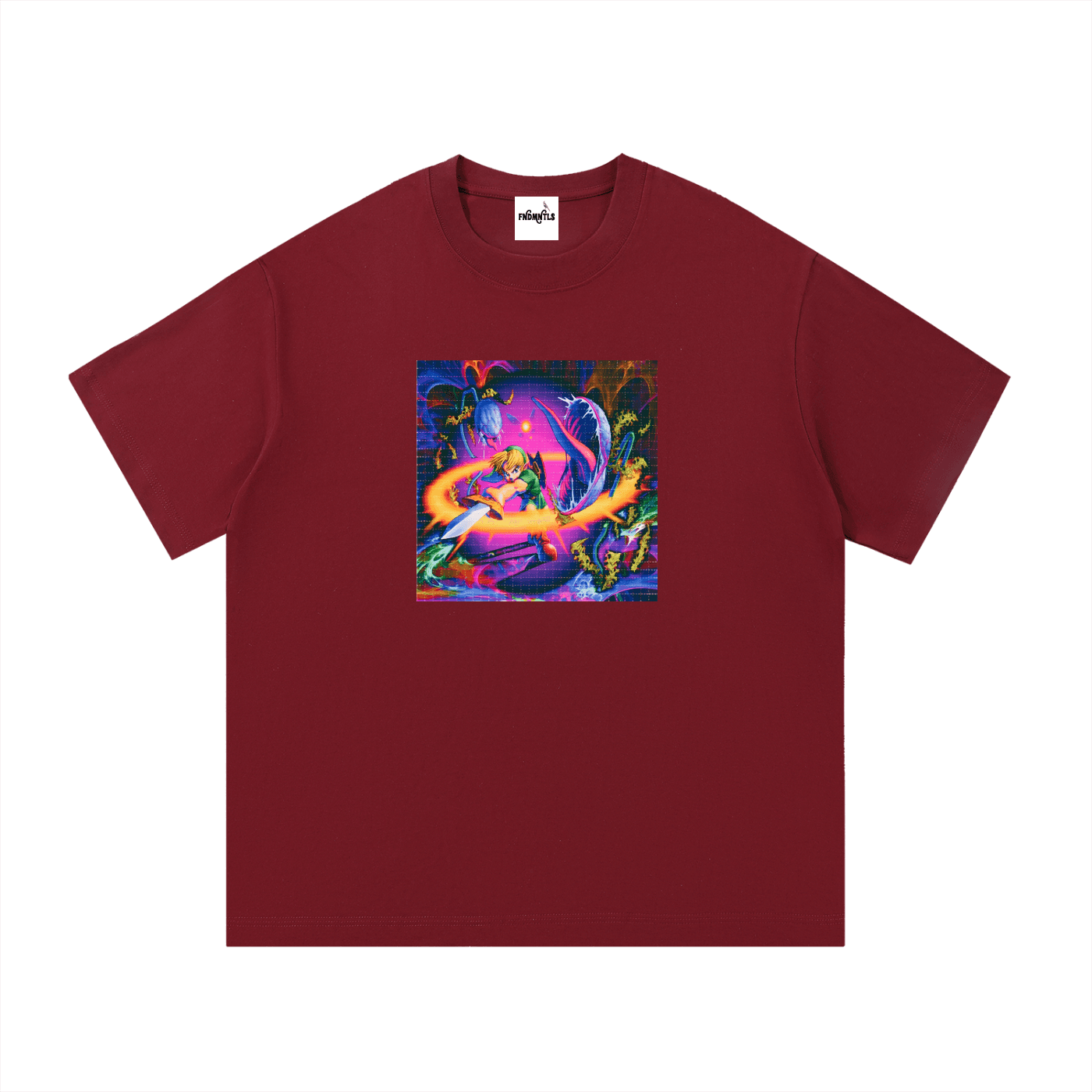 Maroon cotton T-shirt featuring neon gaming artwork