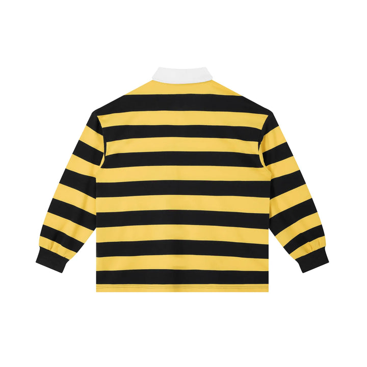 Back view of yellow and black Color Block Stripe Polo Shirt with bold horizontal stripes and ribbed cuffs, unisex cotton blend design.