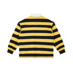 Back view of yellow and black Color Block Stripe Polo Shirt with bold horizontal stripes and ribbed cuffs, unisex cotton blend design.