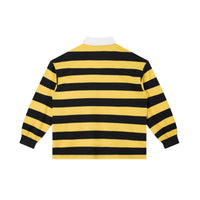 Back view of yellow and black Color Block Stripe Polo Shirt with bold horizontal stripes and ribbed cuffs, unisex cotton blend design.