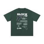 Green Glock 19 unisex cotton t-shirt featuring firearm diagram and bold white graphics, perfect for tactical-inspired fashion.