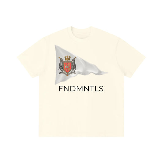 Light apricot color Standard Bearer Vintage Wash T-Shirt with a waving flag and medieval crest with the brand name, FNDMNTLS, below the flag