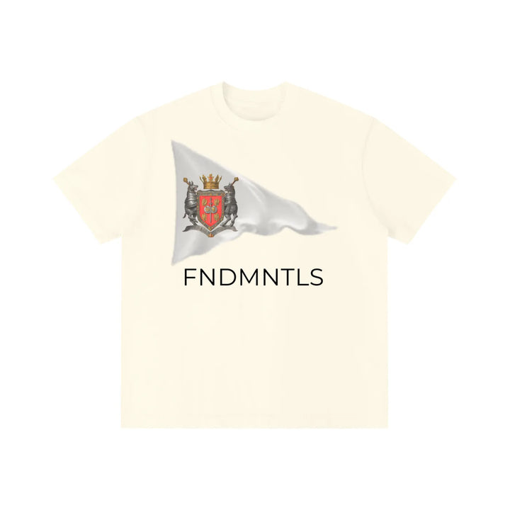 Light apricot color Standard Bearer Vintage Wash T-Shirt with a waving flag and medieval crest with the brand name, FNDMNTLS, below the flag