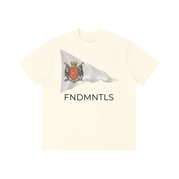 Light apricot color Standard Bearer Vintage Wash T-Shirt with a waving flag and medieval crest with the brand name, FNDMNTLS, below the flag