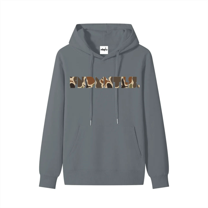 Gray hoodie with camouflage logo