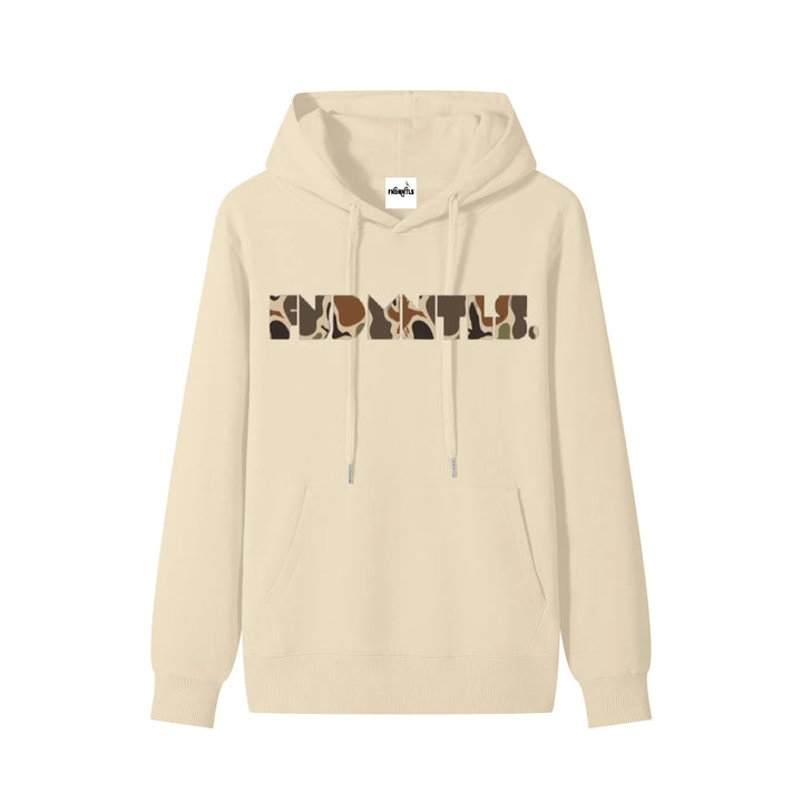 khaki hoodie with camouflage logo