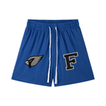 Royal blue Chrome Cardinals Mesh Drawstring Shorts with front cardinal logo and varsity F patch, perfect for sporty and casual unisex styling.