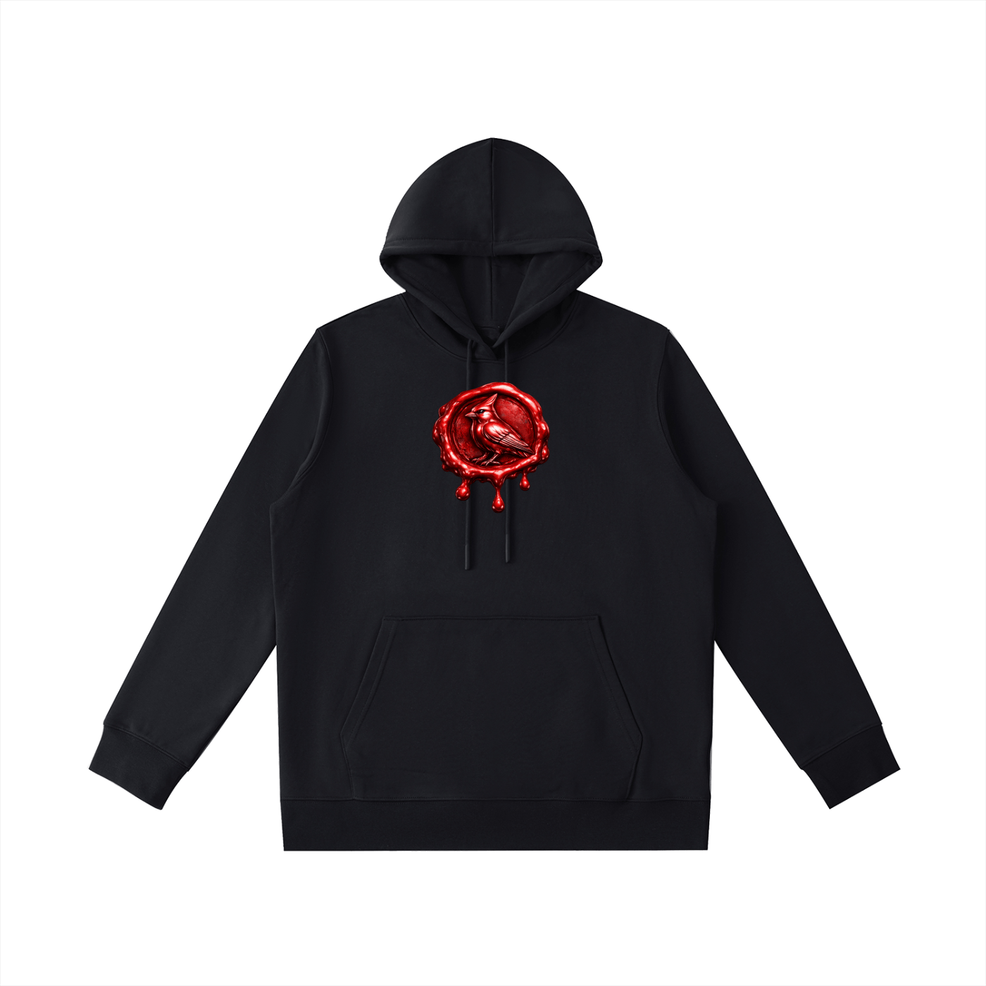Premio Essential Oversized Hoodie in black with red chrome cardinal wax seal graphic, cotton blend streetwear with kangaroo pocket and drawstring hood.
